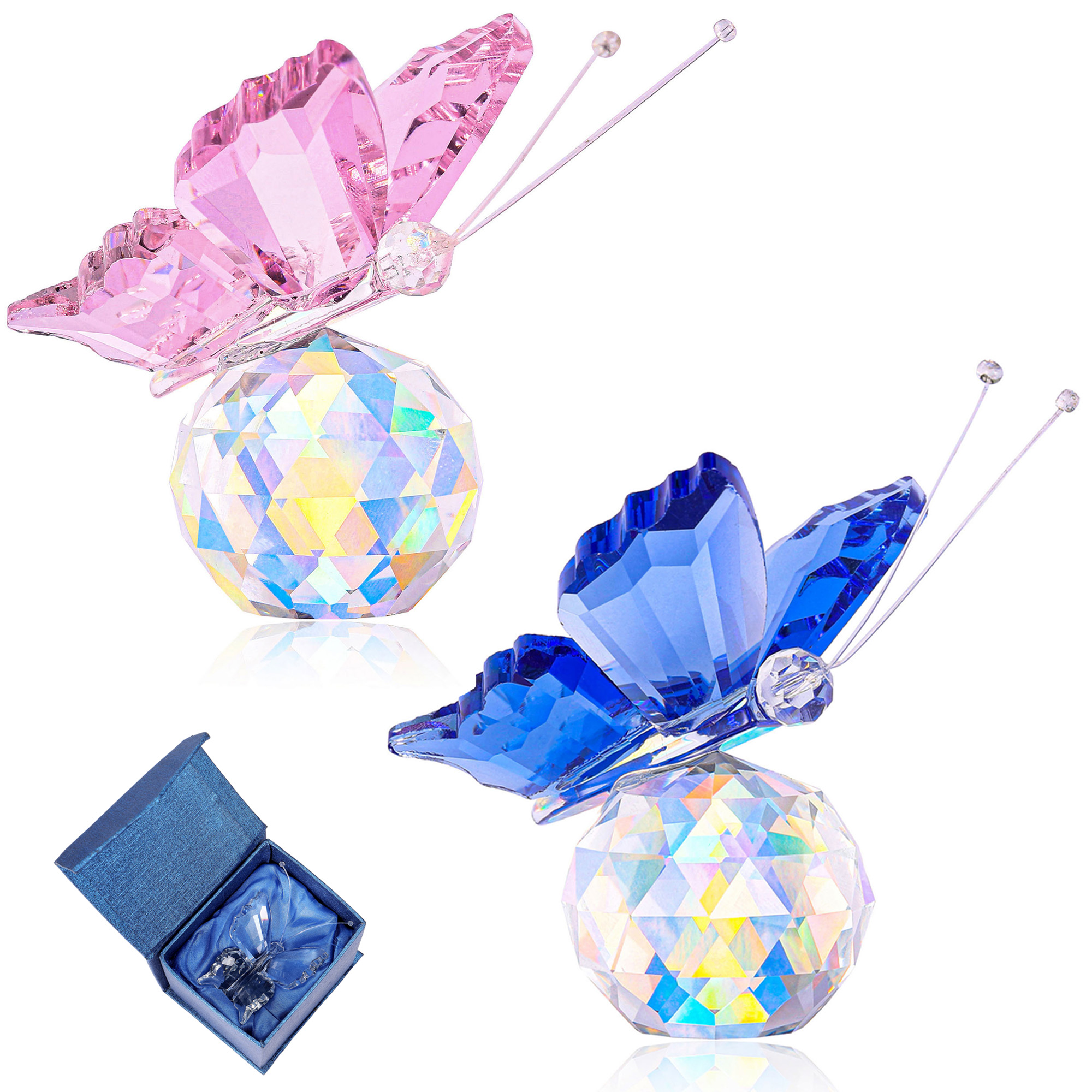 Top Plaza 2 Pcs Flying Butterfly Clear Crystal Prism Ball Figurine Decor with Gift Box Collectible Animal Statue Crystal Ornament Decoration for Home Living Room Mom Pink&Blue