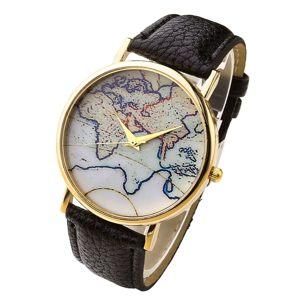 Unisex Men's Women's Retro World Map Quartz Wrist Watch, Gold Tone, Black